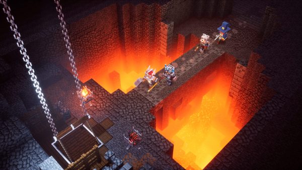 Players explore a fiery dungeon in Minecraft Dungeons